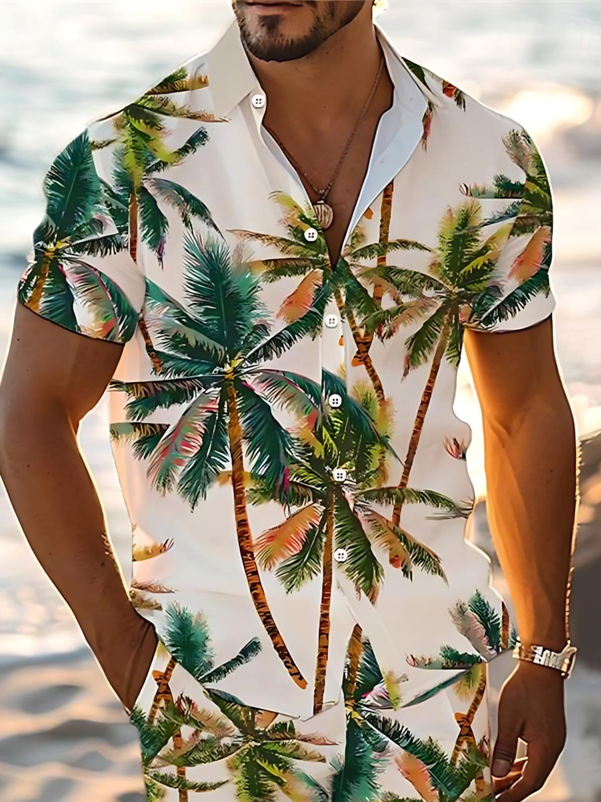 Hawaiian Palm Tree Print Men's Pocket Short Sleeve Shirts
