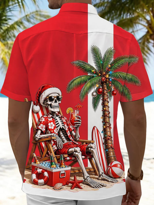 Hawaiian Christmas Skeleton Beach Vacation Men's Pocket Short Sleeve Shirts