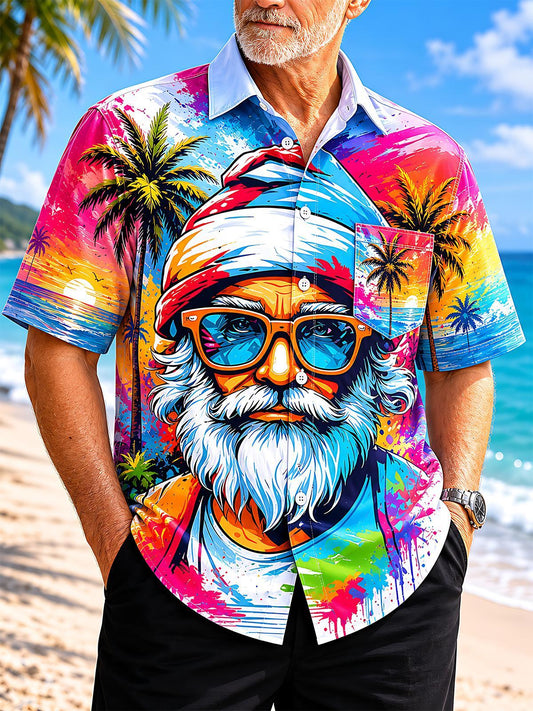 Hawaiian Colorful Tie Dye Summer Beach Santa Claus Men's Pocket Short Sleeve Shirts