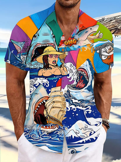 Shark Sailboat Art Print Men's Pocket Short Sleeve Shirts