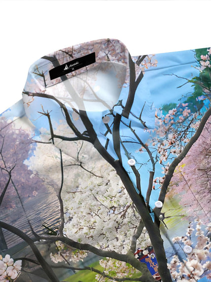 Sakura Scenery Print Men's Pocket Short Sleeve Shirts