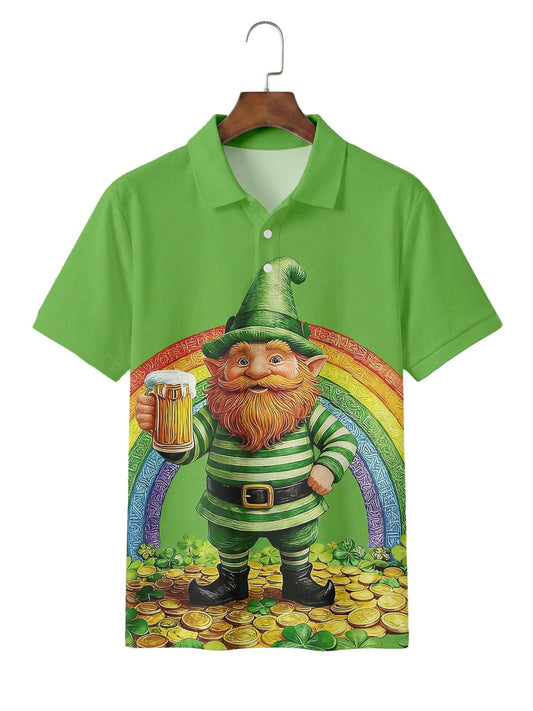 St. Patrick's Day Leprechaun Print Men's Short Sleeve Button Polo Shirt