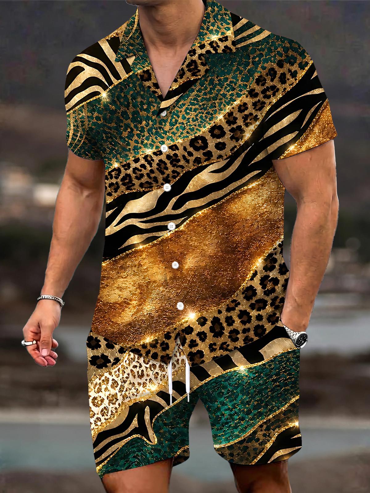 Leopard Abstract Men's Short Sleeve Cuban Collar Pocket Shirts And Shorts Set