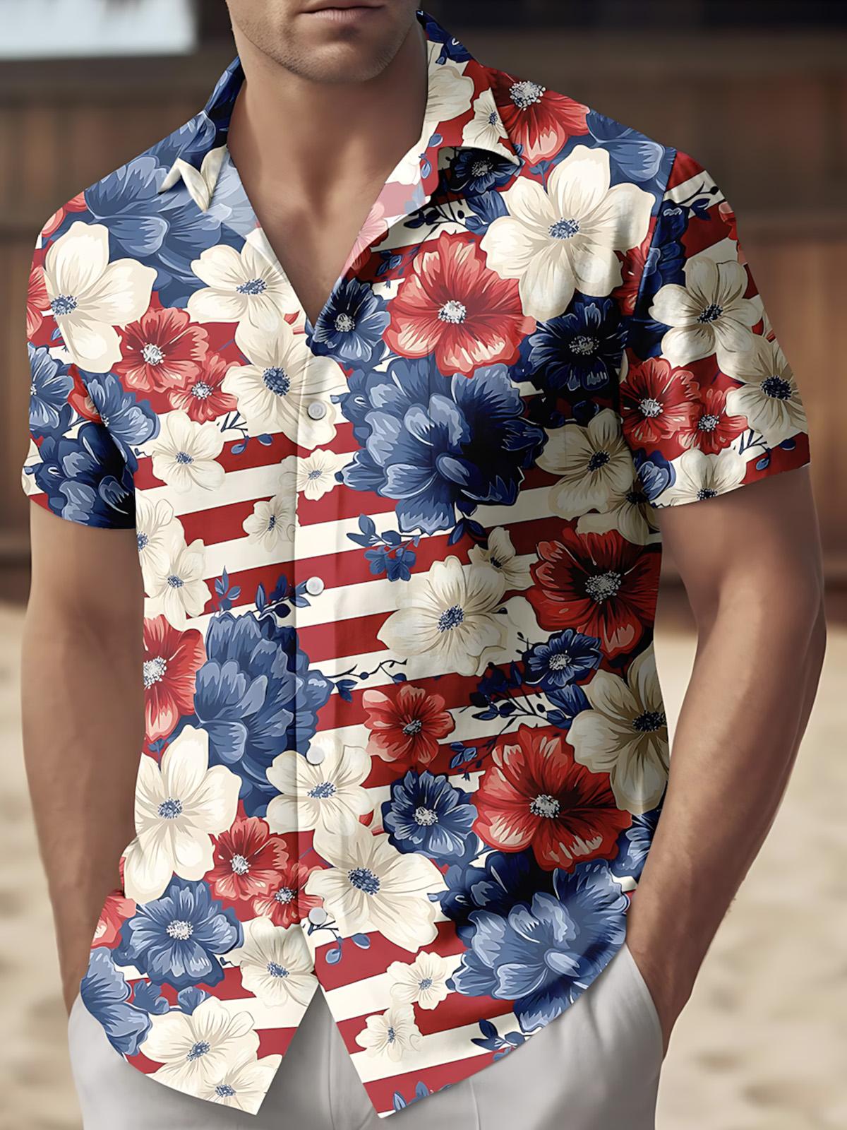 American Flag Flower Print Men's Pocket Short Sleeve Shirts