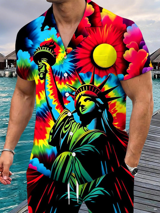 The Statue Of Liberty Tie Dye Men's Pocket Short Sleeve Sets