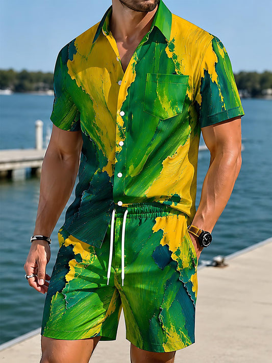 Art Green Yellow Paint Splash Oil Painting Men's Short Sleeve Pocket Shirts And Shorts Set
