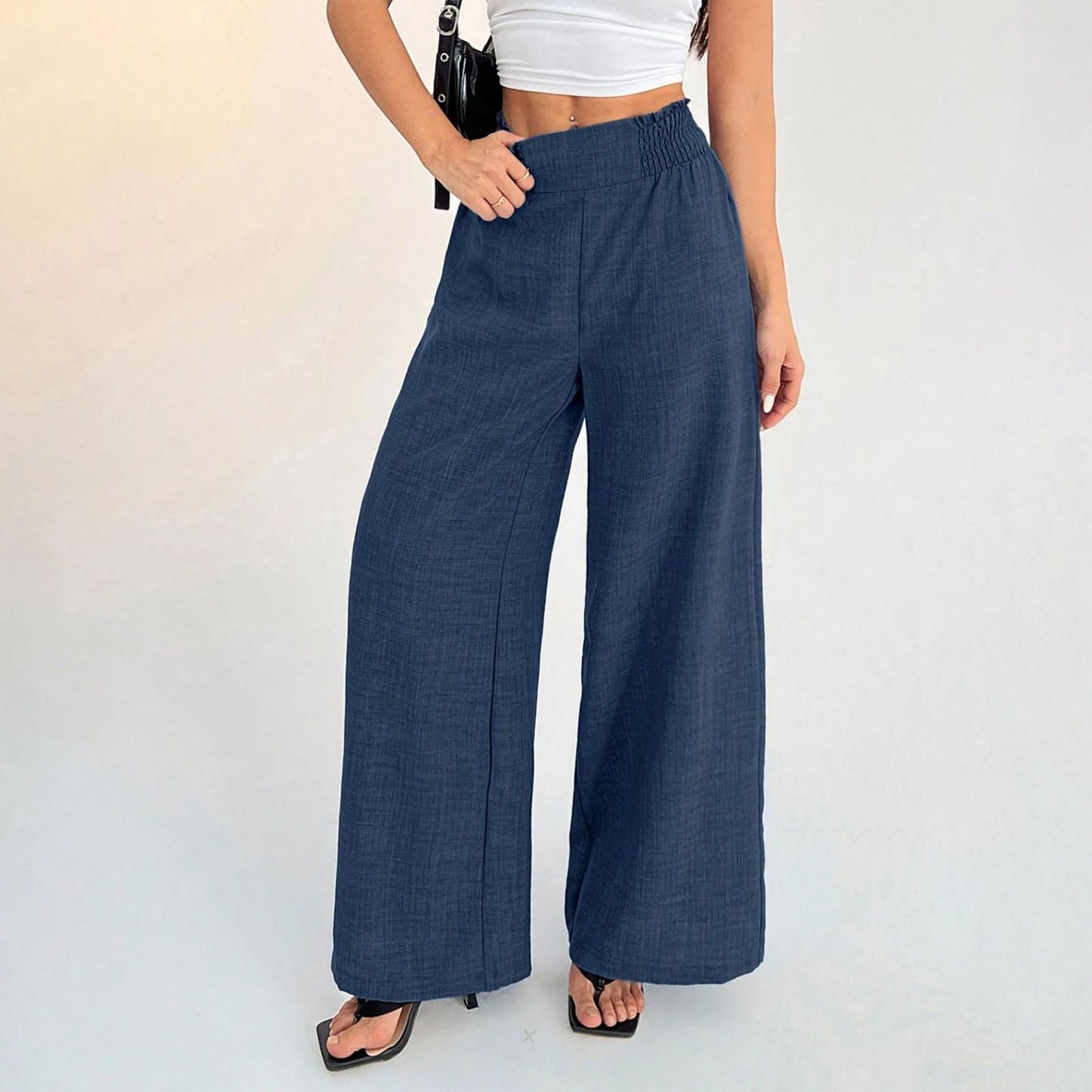Womens Wide Leg Pants Elastic Waist Summer Lounge Pants Flowy Straight Leg Trousers for Travel Dating Leisure dependable