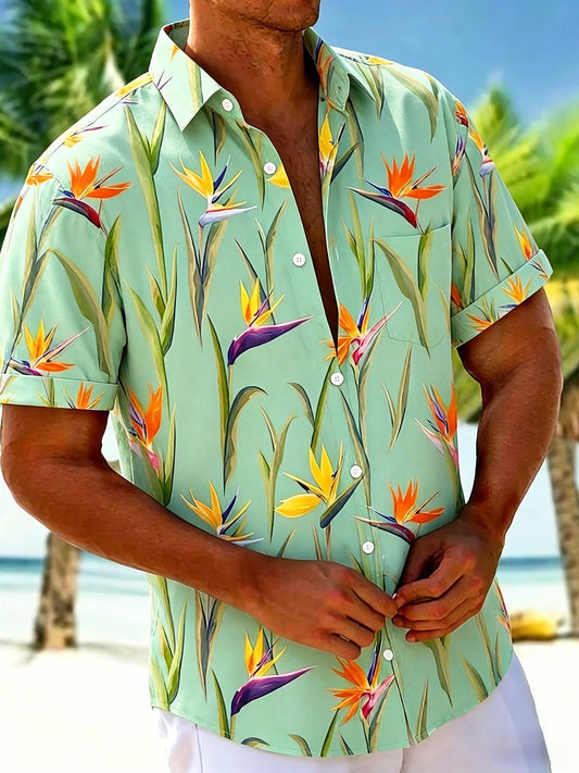 Hawaiian Tropical Bird Of Paradise Flower Men's Pocket Short Sleeve Shirts