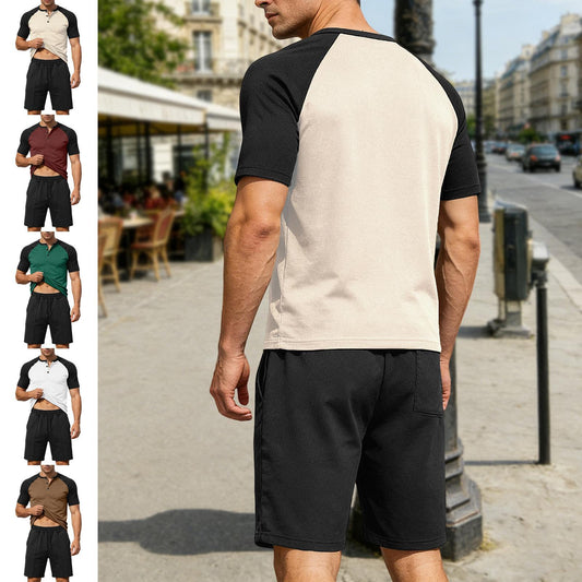 Mens Summer Track Suits 2 Piece Color Block Textured Raglan Short Sleeve T Shirts and Shorts Sets for Travel adaptable