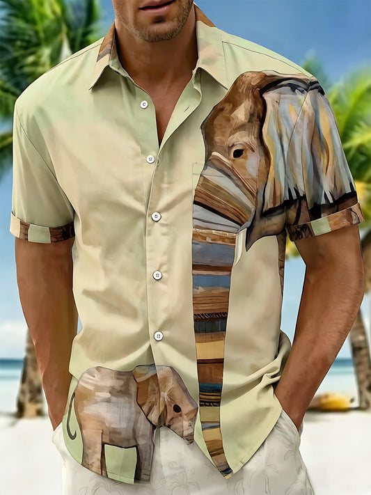Vintage Art Watercolor Elephant Men's Pocket Short Sleeve Shirts