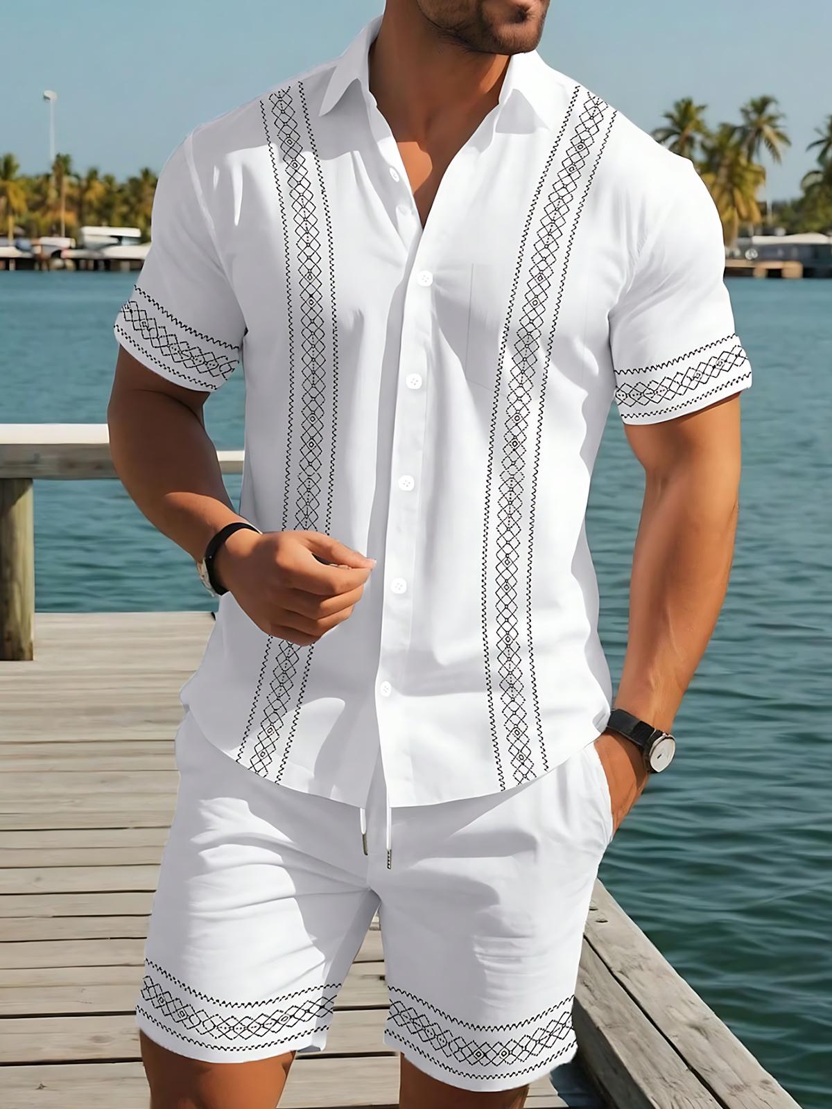 Geometric Print Men's Short Sleeve Pocket Shirts And Shorts Set
