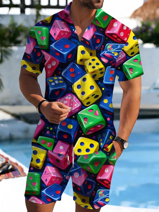 Dice Print Men's Short Sleeve Pocket Shirts And Shorts Set