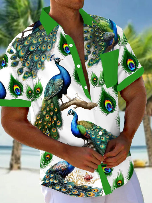 Peacock Print Men's Pocket Short Sleeve Shirts