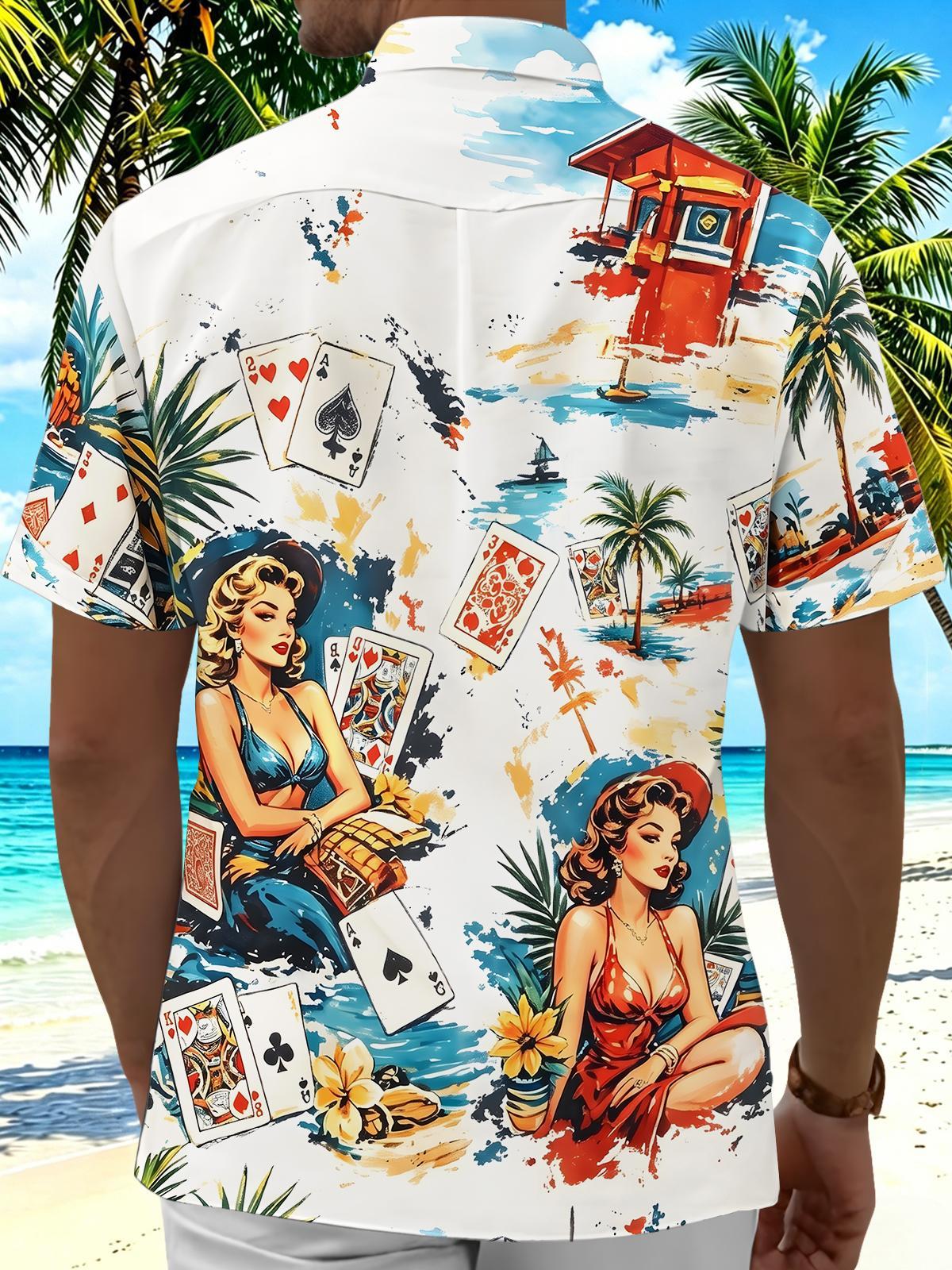Hawaiian Gradient Poker Cards Vintage Beauties And Leaf Men's Pocket Short Sleeve Shirts