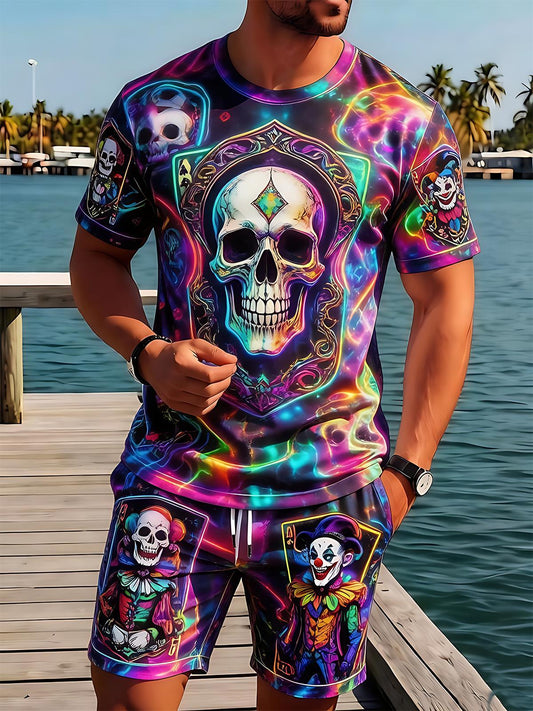 Neon Colorful Skull Joker Clown Men's Short Sleeve Round Neck T-shirt And Shorts Set