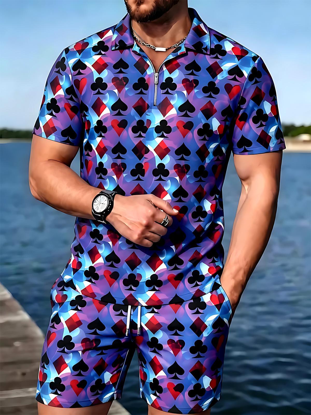 Poker Men's Short Sleeve Zipper Polo And Shorts Set
