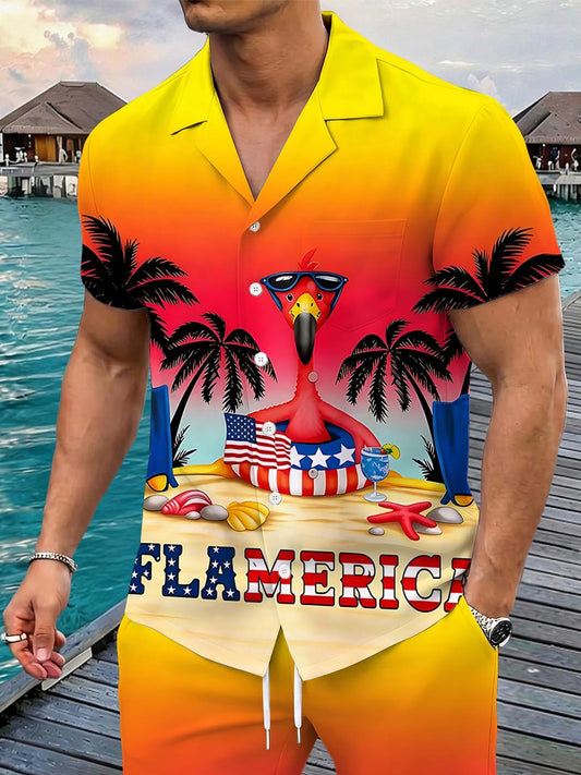 Independence Flamingo Coconut Tree Men's Pocket Short Sleeve Sets