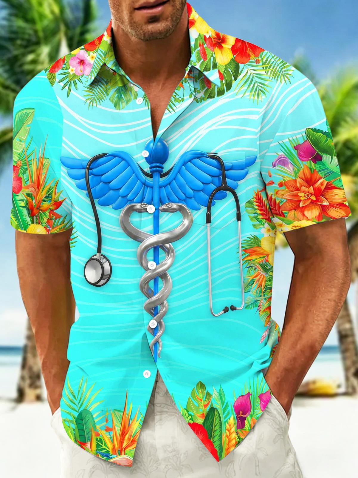 Hawaiian Flower Medical Stethoscope Men's Pocket Short Sleeve Shirts