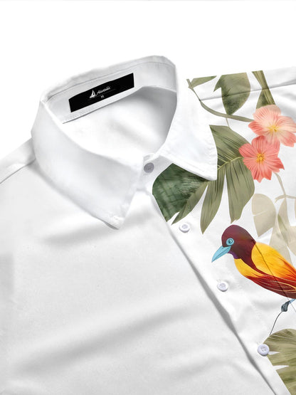 Hawaiian Tropical Parrot Bird Floral Leaves Patchwork Men's Pocket Short Sleeve Shirts