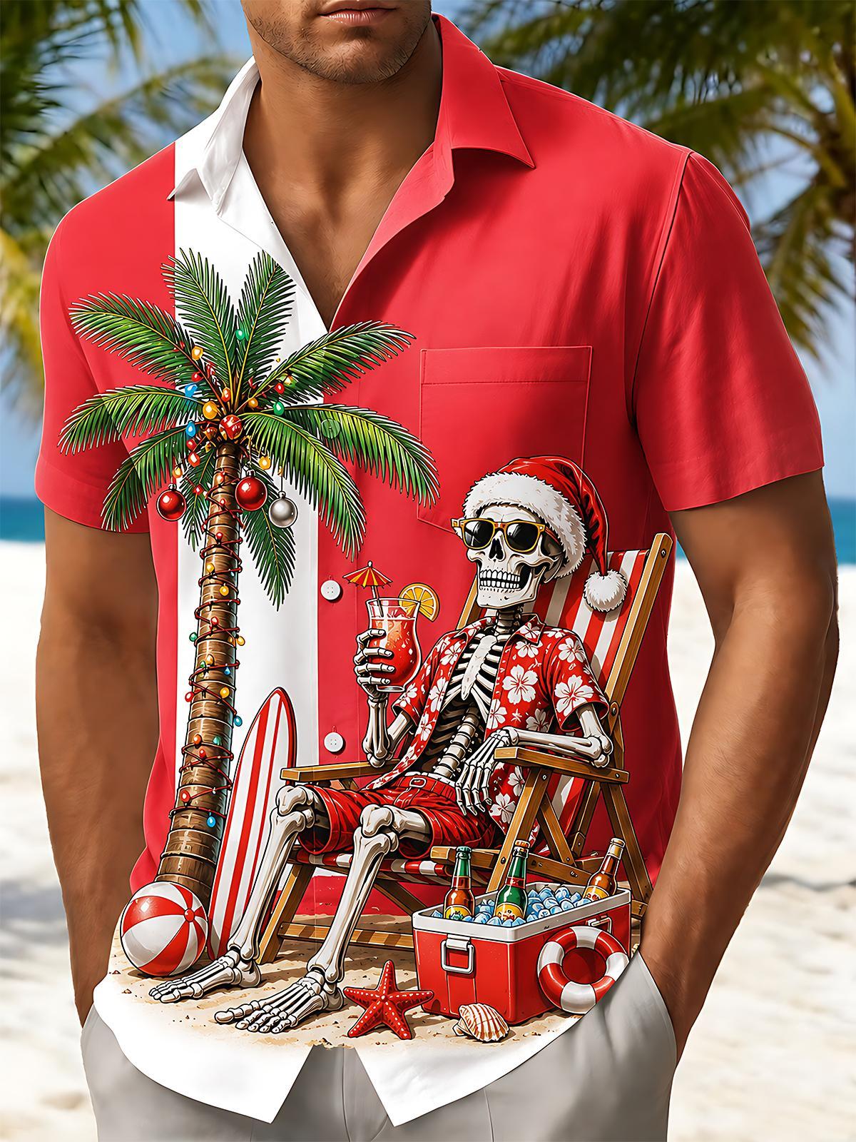Hawaiian Christmas Skeleton Beach Vacation Men's Pocket Short Sleeve Shirts