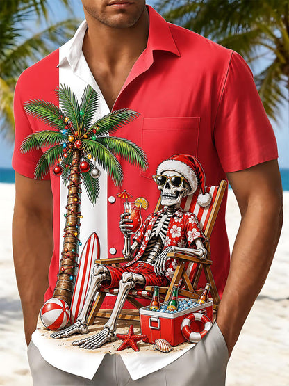 Hawaiian Christmas Skeleton Beach Vacation Men's Pocket Short Sleeve Shirts