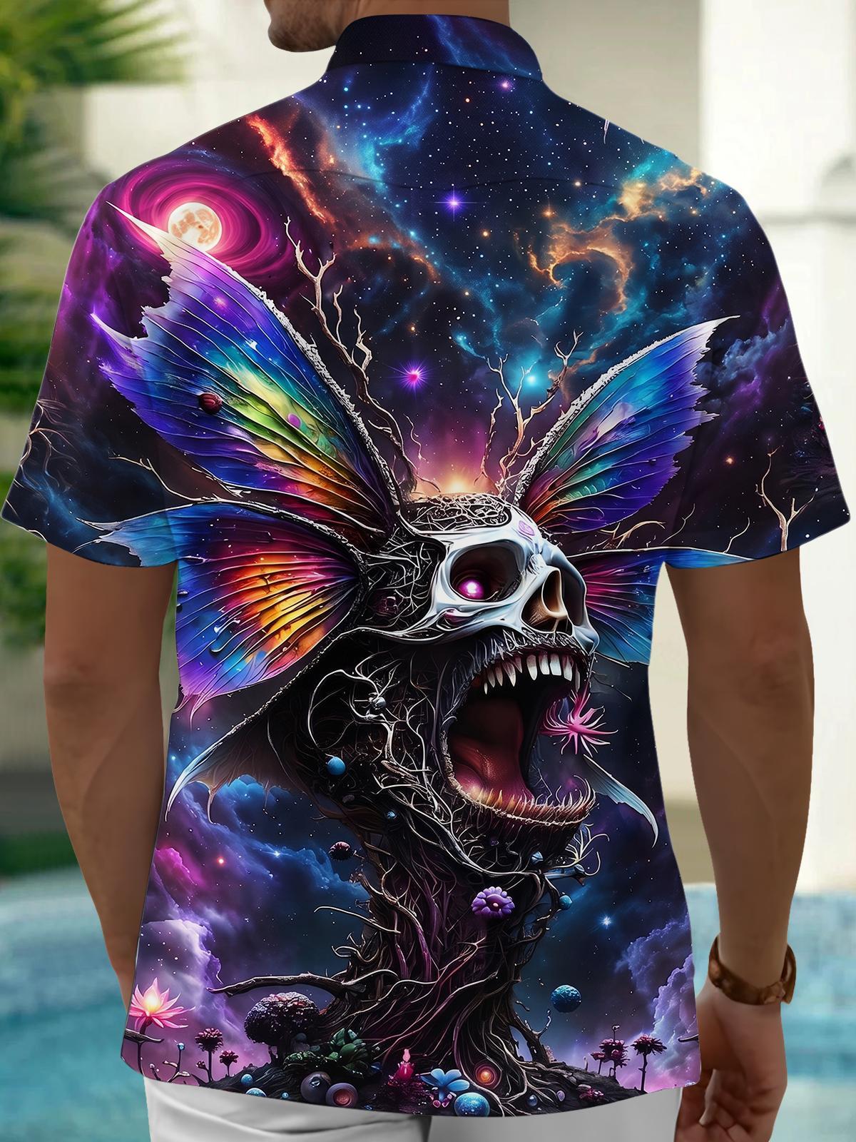 Dark Cosmic Skull Butterfly Wings Fantasy Men's Pocket Short Sleeve Shirts