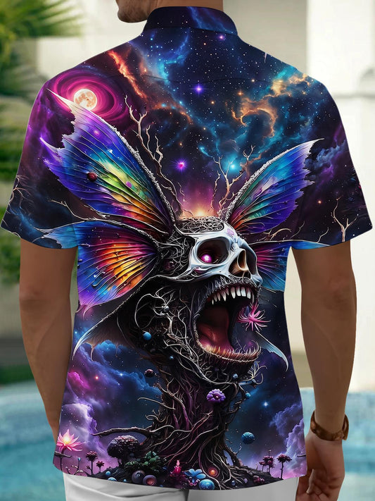 Dark Cosmic Skull Butterfly Wings Fantasy Men's Pocket Short Sleeve Shirts