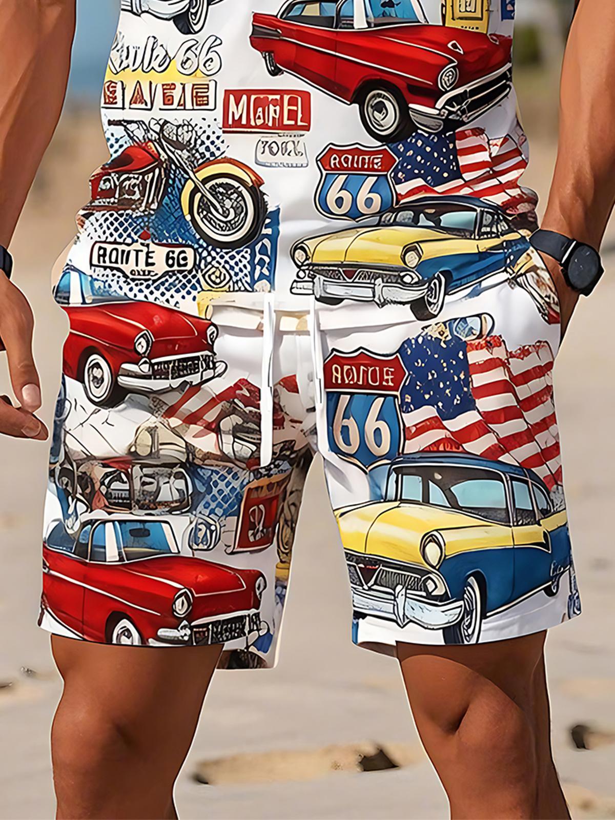 Independence Day Route 66 Vintage Classic Car American Motorcycle Men's Print Pocket Shorts