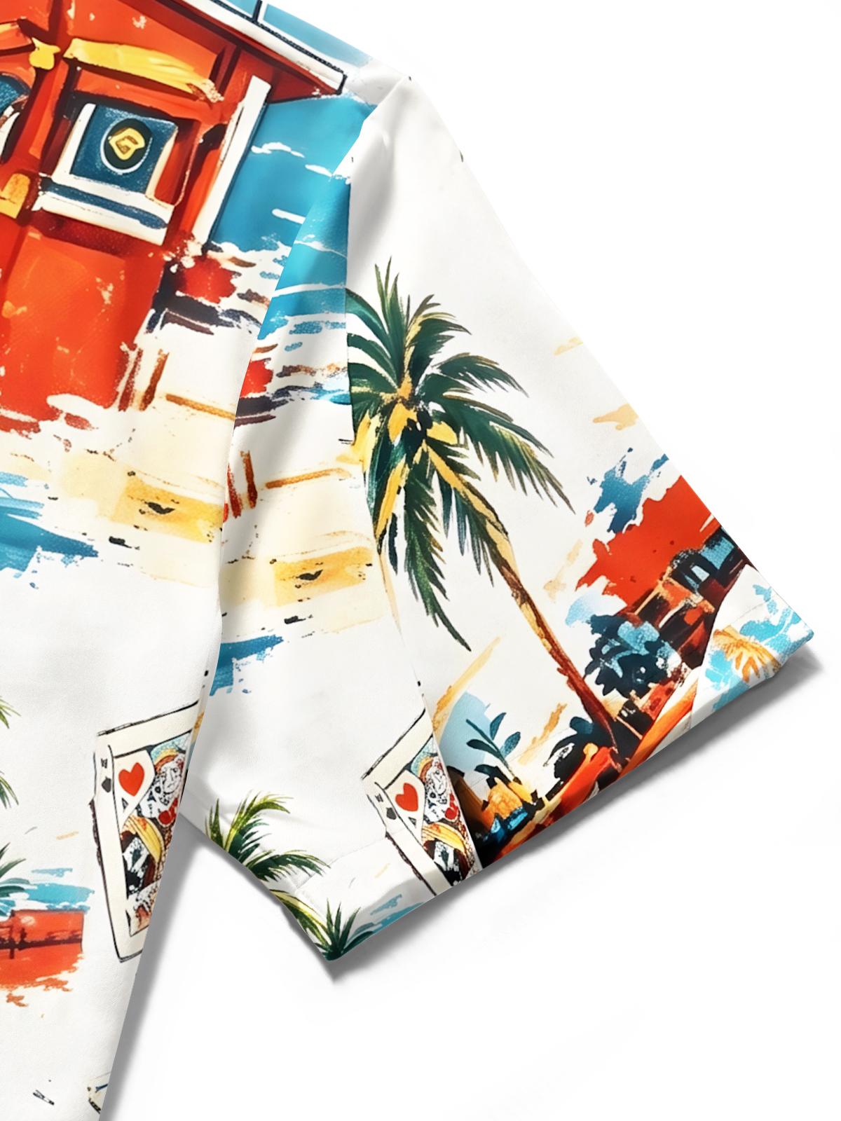 Hawaiian Gradient Poker Cards Vintage Beauties And Leaf Men's Pocket Short Sleeve Shirts