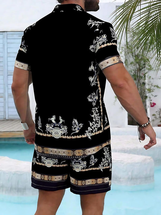 Hawaiian Men's Short Sleeve Pocket Shirts And Shorts Set