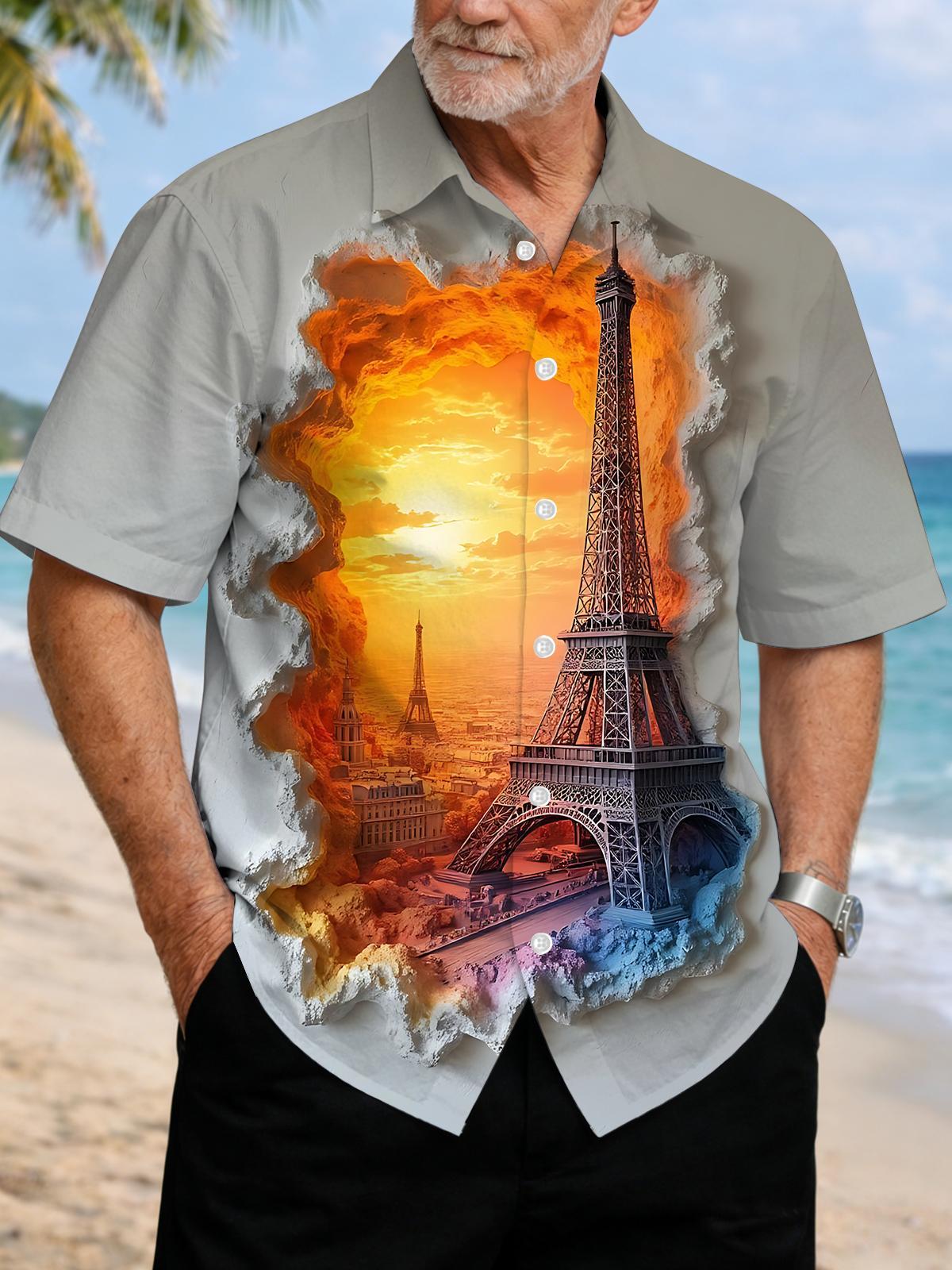 Eiffel Tower Print Men's Pocket Short Sleeve Shirts