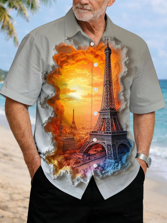 Eiffel Tower Print Men's Pocket Short Sleeve Shirts