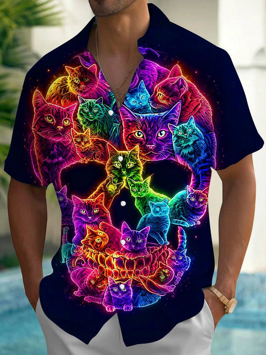 Funny Neon Colorful Skull Cat Luminous Dark Men's Pocket Short Sleeve Shirts