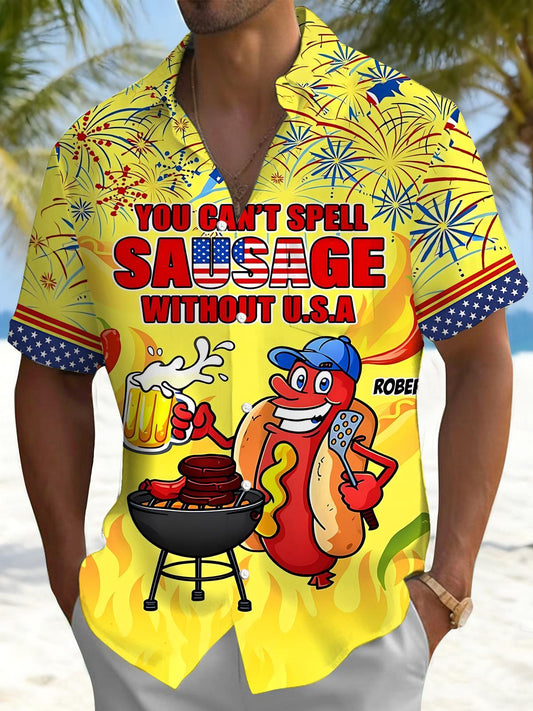 Hot Dog BBQ American Flag Print Men's Pocket Short Sleeve Shirts