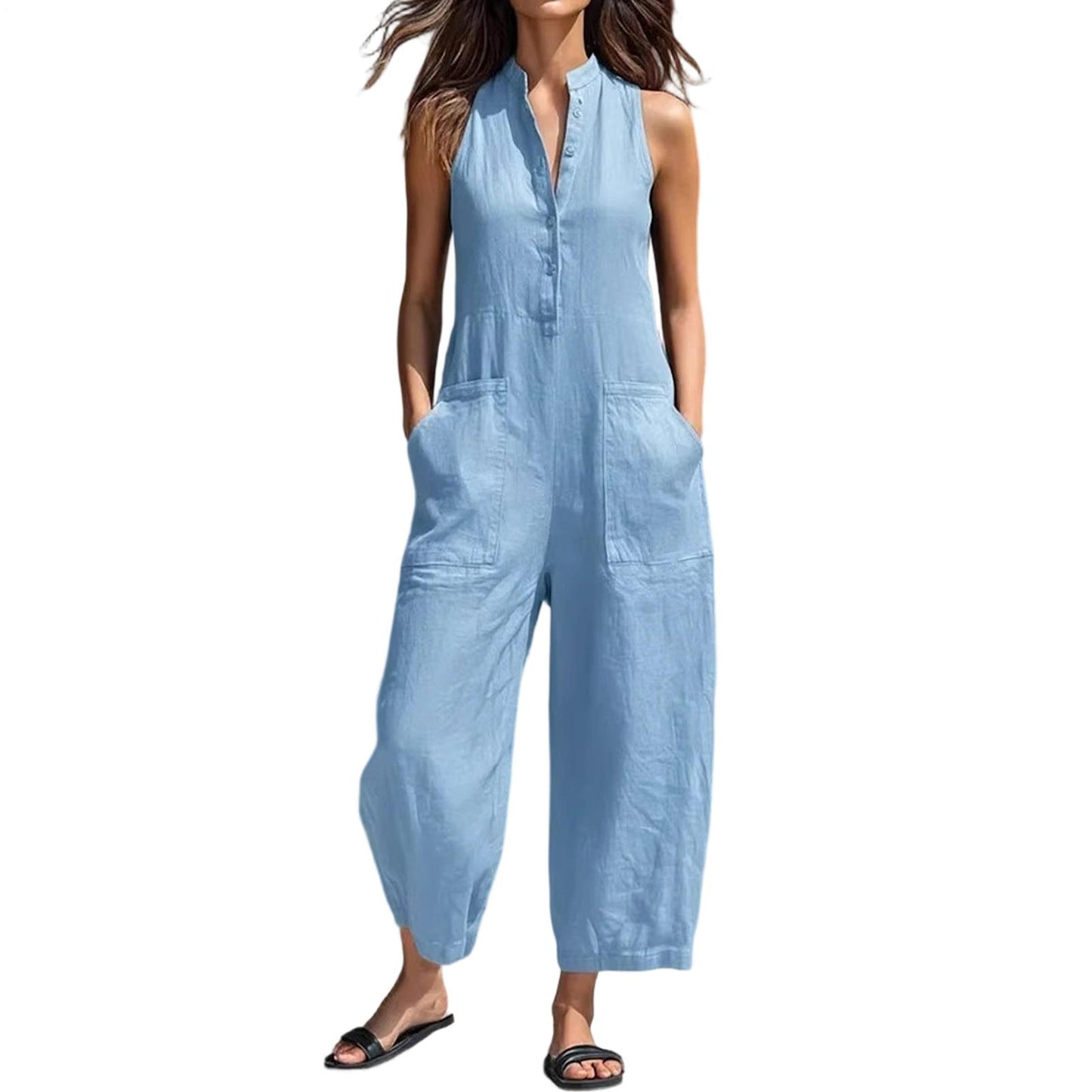 Sleeveless Jumpsuits for Women Button Front Stand Collar Sleeveless Loose Wide Leg Jumpsuit for Vacation charmingly