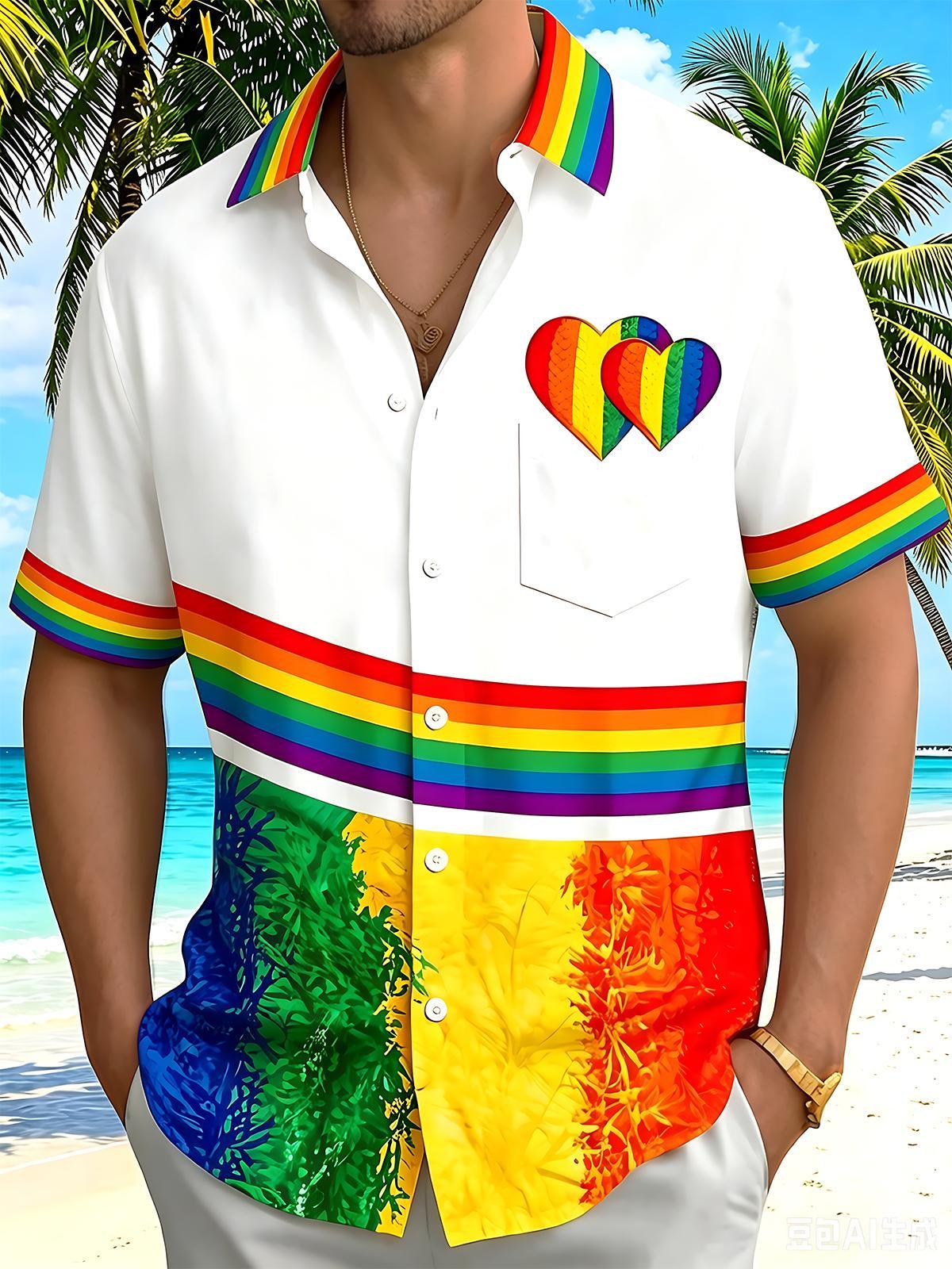 Pride Month Colorful Love Heart Men's Pocket Short Sleeve Shirts