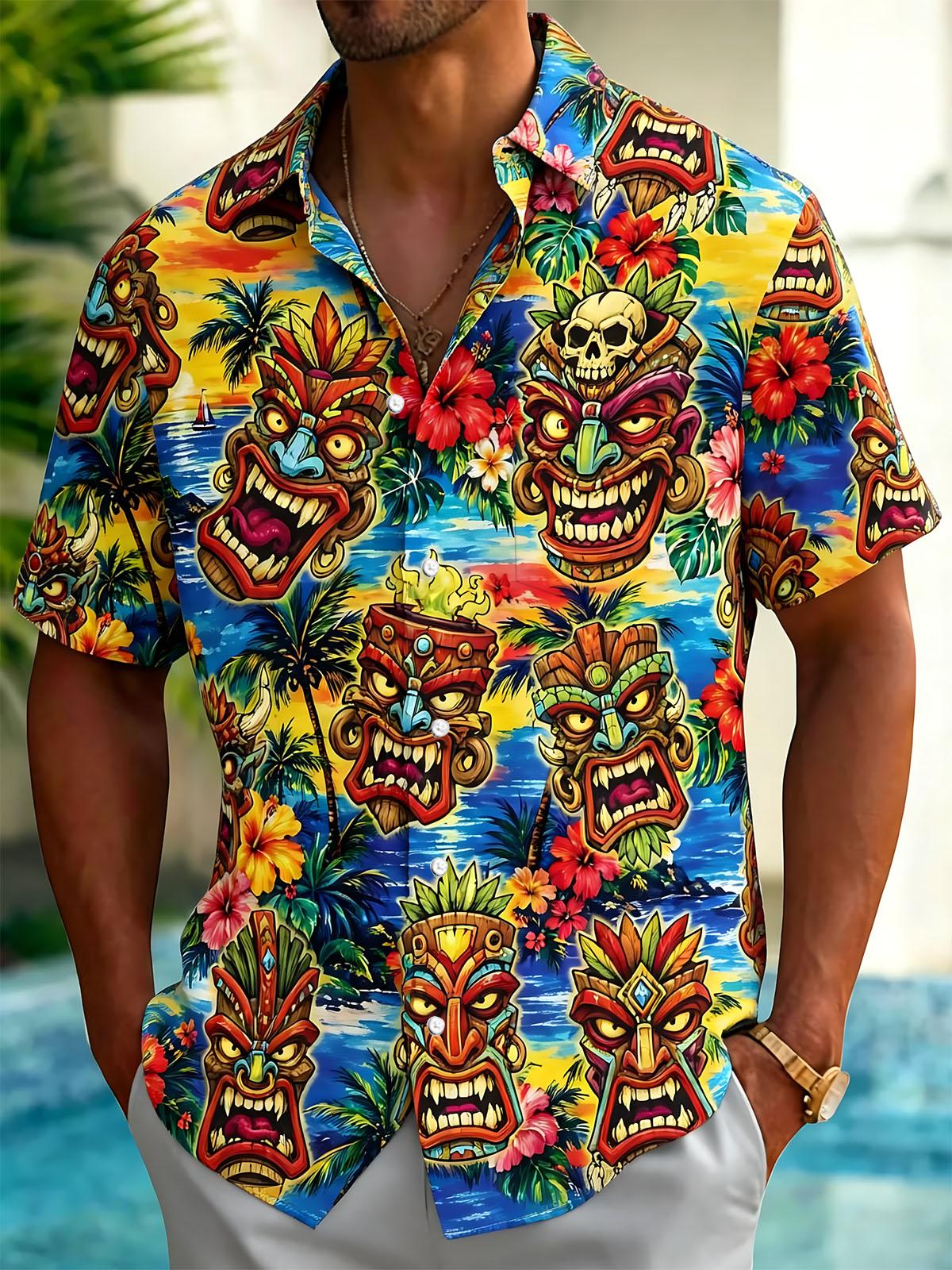 Hawaiian Tiki Print Men's Pocket Short Sleeve Shirts