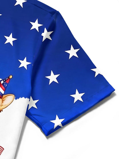Independence Day American Flag Dog Print Men's Pocket Short Sleeve Shirts
