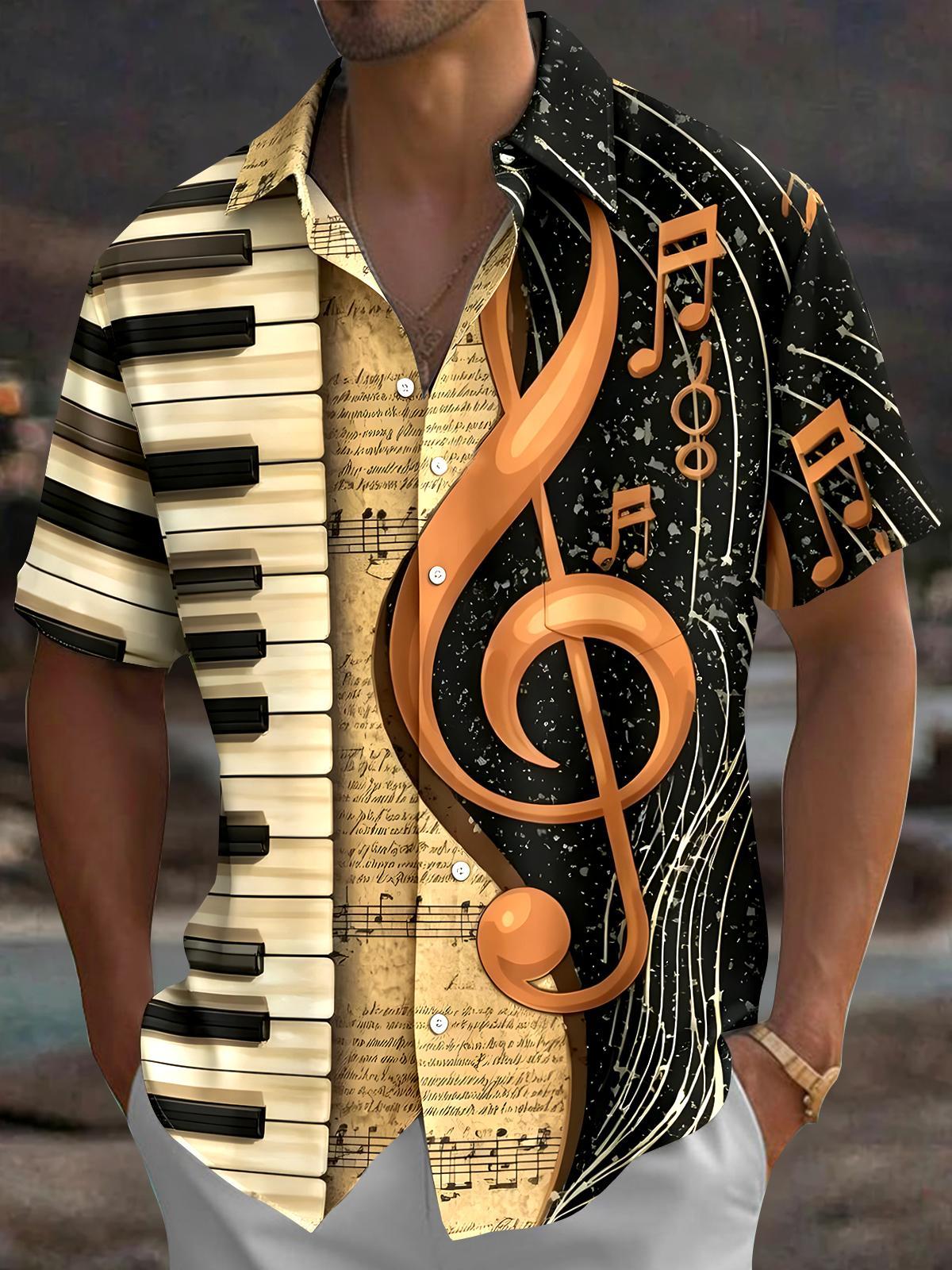 Retro Musical Note Piano Men's Pocket Short Sleeve Shirts
