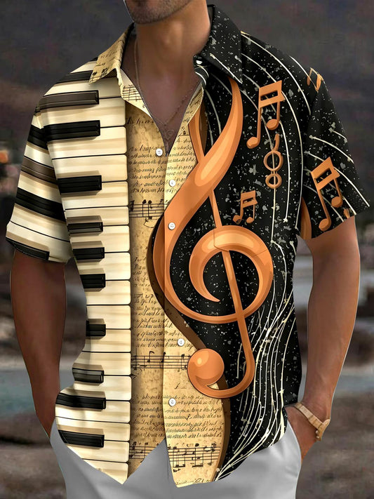 Retro Musical Note Piano Men's Pocket Short Sleeve Shirts