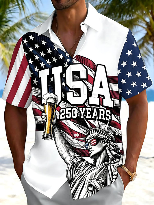 250th Anniversary American Flag Statue of Liberty Print Men's Pocket Short Sleeve Shirts
