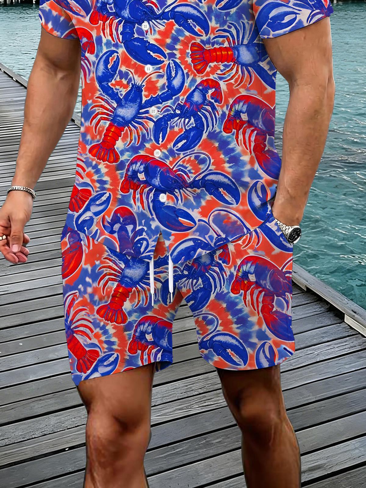 Independence Day Shrimp Print Men's Pocket Short Sleeve Set