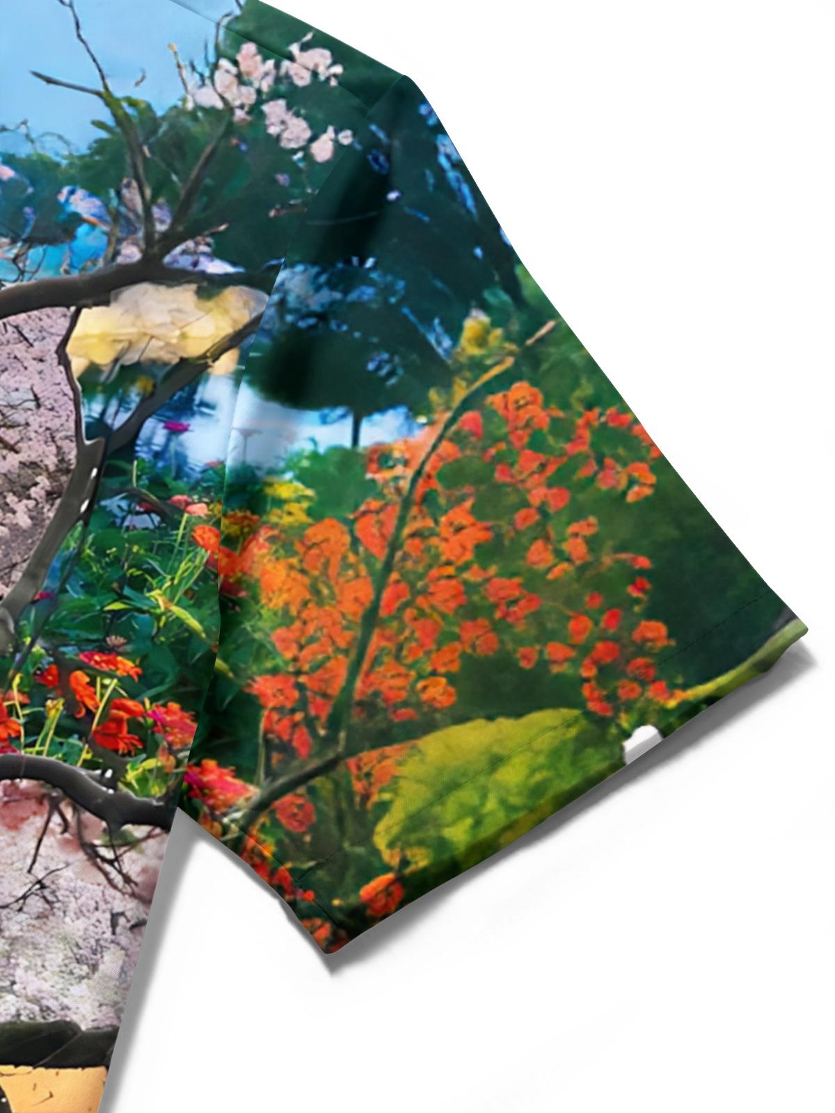 Sakura Scenery Print Men's Pocket Short Sleeve Shirts