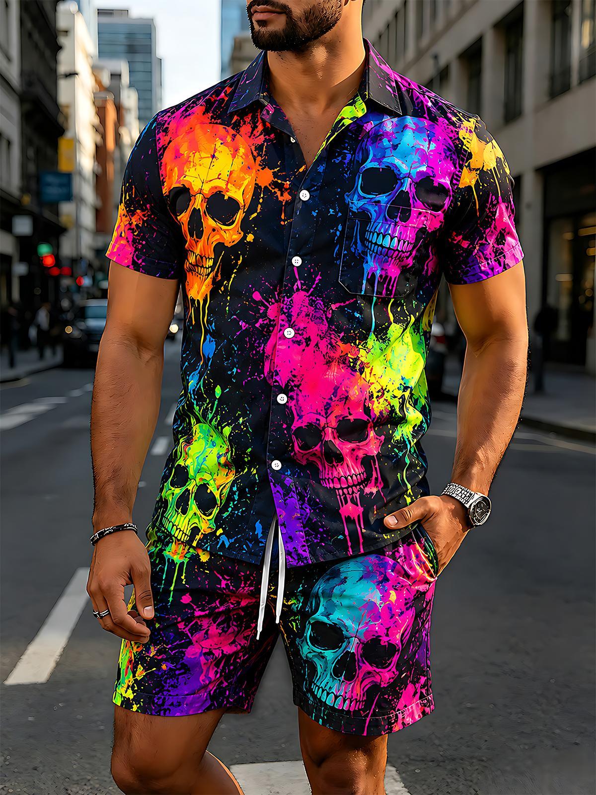 Colorful Neon Skull Splatter Paint Men's Short Sleeve Pocket Shirts And Shorts Set