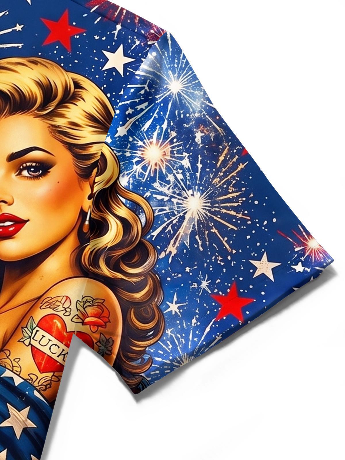 Vintage American Flag Eagle Pin-Up Girl Independence Day Men's Pocket Short Sleeve Shirts