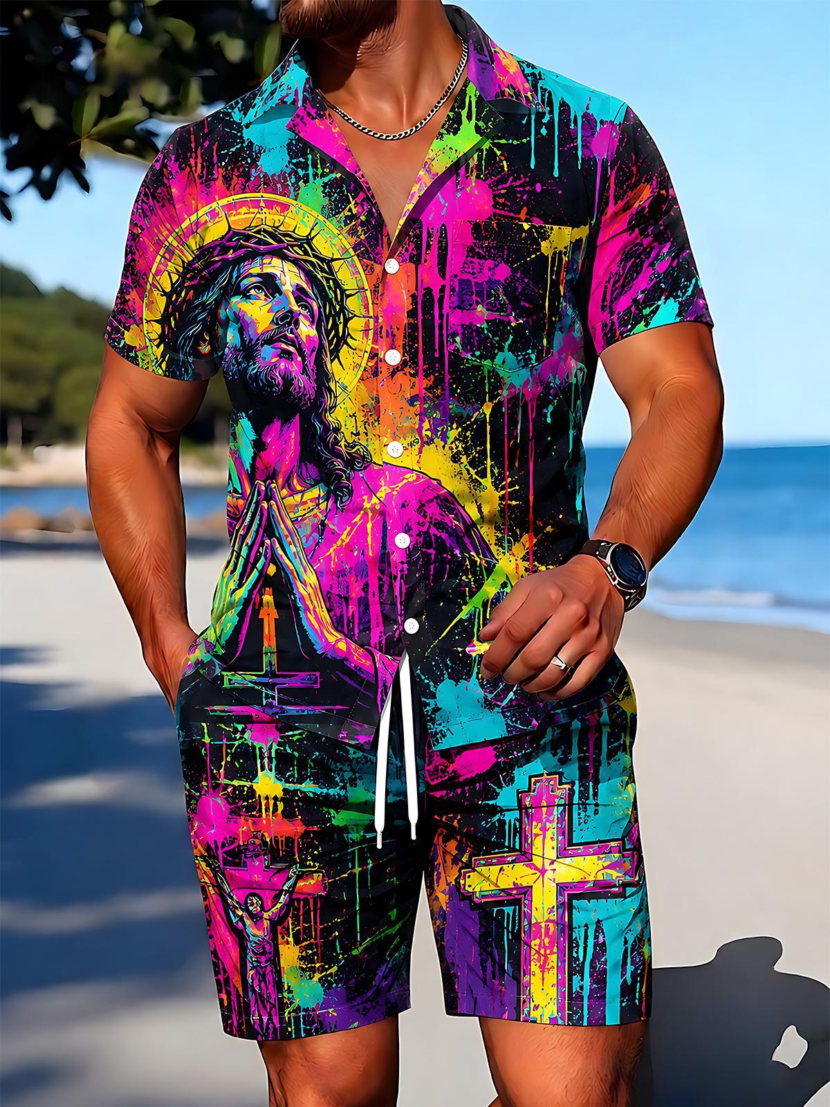 Colorful Graffiti Jesus Cross Religion Men's Short Sleeve Cuban Collar Pocket Shirts And Shorts Set