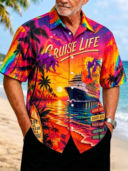 Hawaiian Tropic Cruise Life Adventure Golden Sunset Voyage Tropical Beach Elements Men's Pocket Short Sleeve Shirts