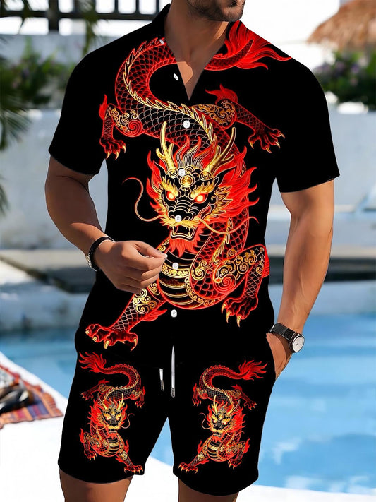 Dragon Men's Short Sleeve Pocket Shirts And Shorts Set
