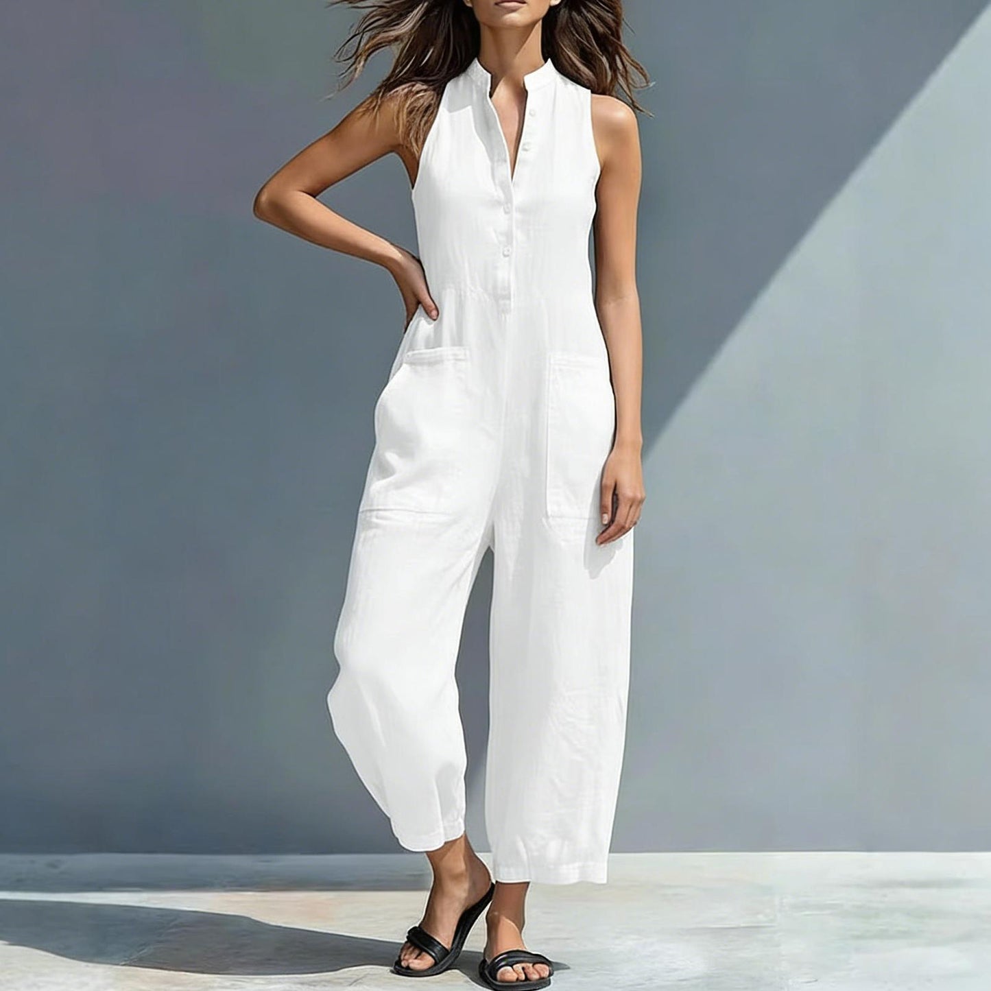 Sleeveless Jumpsuits for Women Button Front Stand Collar Sleeveless Loose Wide Leg Jumpsuit for Vacation charmingly