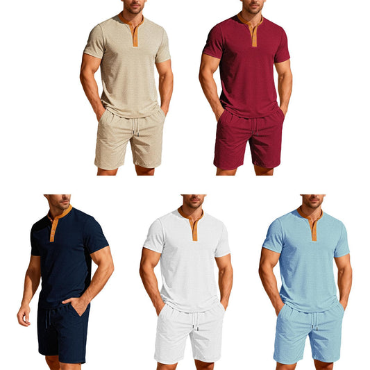 Mens Short Sets 2 Piece Outfits Textured 2 Piece Summer Short Sleeve Crewnek Button Sweatsuit Sets for Gym great gift